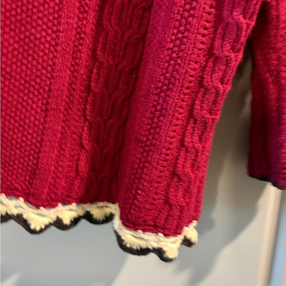 Anne Klein Cable Knit Cardigan Sweater Burgundy Cream Brown Tie Size Large - Picture 9 of 14